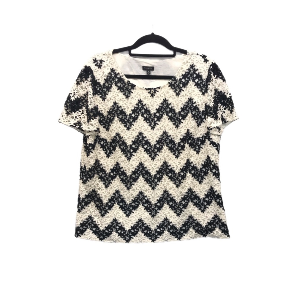 TALBOTS Blouse Top Shirt Women's Size 16 Short Sleeve‎ Chevron White Black Lace